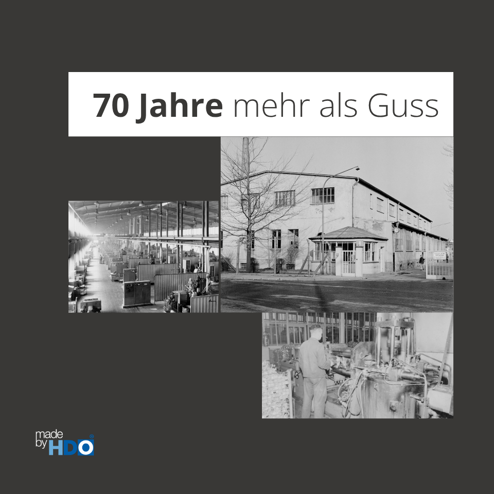 Schwarzweiß-Fotocollage mit Industriegebäuden und Maschinenarbeitsplatz, Text "70 Jahre mehr als Guss" auf dunklem Hintergrund.