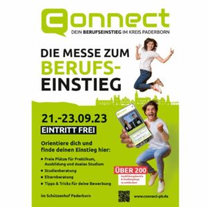 Werbeplakat für die Connect-Messe zum Berufseinstieg im Kreis Paderborn vom 21. bis 23. September 2023 mit freiem Eintritt, Informationsangeboten zu Praktikum, Ausbildung, Studium und Bewerbung, zwei jubelnde junge Menschen, einer hält ein Smartphone mit der Connect-Website, grüne Silhouette der Paderborner Skyline im Hintergrund.
