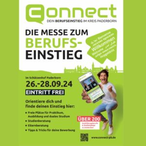 Werbeplakat für die Messe Connect zum Berufseinstieg im Kreis Paderborn vom 26. bis 28. September 2024 im Schützenhof Paderborn mit kostenfreiem Eintritt, Informationen zu Praktikum, Ausbildung, dualem Studium, Studienberatung, Elternberatung und Bewerbungstipps, dazu ein junger Mann, der jubelnd ein Smartphone mit der Messe-Website zeigt, sowie der Hinweis auf über 200 Ausbildungsberufe und Studiengänge.