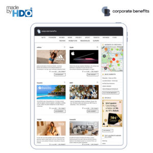 Tablet-Bildschirm zeigt eine Webseite mit Corporate Benefits Angeboten von Marken wie Adidas, Apple, Expedia, WMF, YOOX und home24, inklusive Produktbildern, Kurzbeschreibungen, Rabattinformationen und einer Karte mit Angeboten in Berlin. Rechtsseitige Leiste zeigt neue Angebote, Specials mit Gutscheinen und Top 5 der Kollegenangebote.