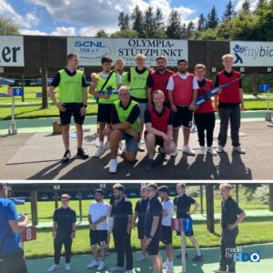 Zwei Fotos von Teilnehmern eines Sportschießwettbewerbs im Freien bei Sonnenschein und blauen Himmel, im oberen Bild stehen neun Personen in bunten Weste, davon zwei mit Gewehren, im unteren Bild stehen sieben Personen in dunkler Sportbekleidung und hören einer Person zu, die rechts im Bild sichtbar ist.