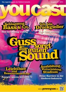 Titelblatt des Jugendmagazins youcast mit dem Thema Guss für guten Sound, Hintergrund zeigt eine Nahaufnahme einer Hand an einer E-Gitarre mit sichtbarem Griffbrett und Saiten