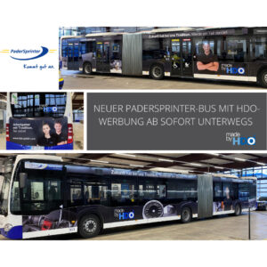 Collage aus mehreren Fotos eines neuen PaderSprinter-Gelenkbusses mit Werbung von HDO, inklusive Nahaufnahmen der Busrückseite und der Seitenansicht, sowie einem Textfeld mit dem Hinweis auf den sofortigen Einsatz des Busses mit HDO-Werbung.