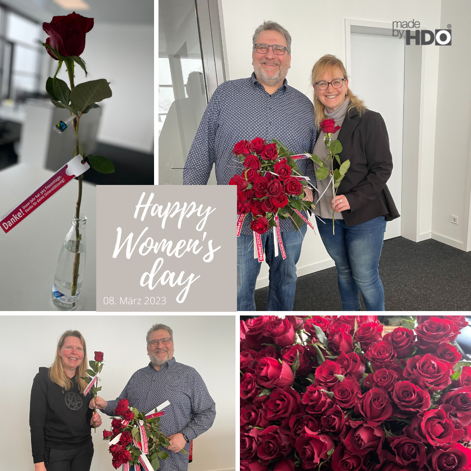 Der HDO Betriebsrat verteilt Rosen an HDO Mitarbeiterinnen zum Weltfrauentag 2023