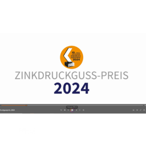 Logo des Zinkdruckguss-Preises 2024 mit orangefarbenem Kreis, darin weiße und schwarze Designelemente sowie der Text "10. Preisverleihung Zinkdruckgusspreis 2024", darunter der Text "Zinkdruckguss-Preis 2024" auf weißem Hintergrund.
