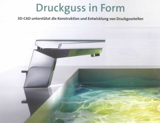Waschbecken mit silbernem Wasserhahn und der Überschrift Druckguss in Form