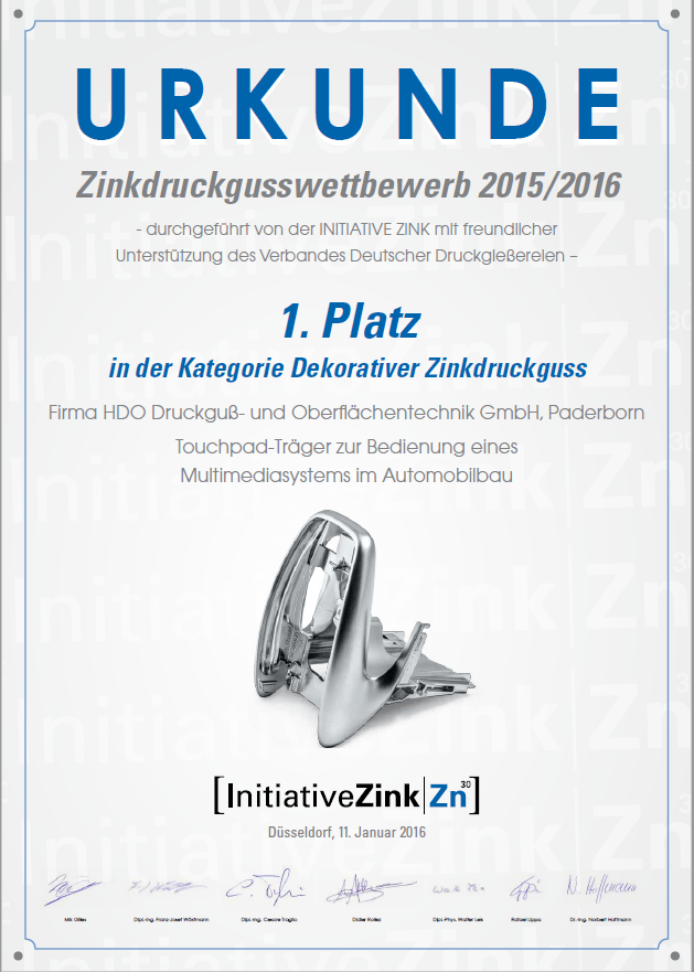 Urkunde des Zinkdruckgusswettbewerbs 2015 / 2016 bei dem die HDO den ersten Platz belegte